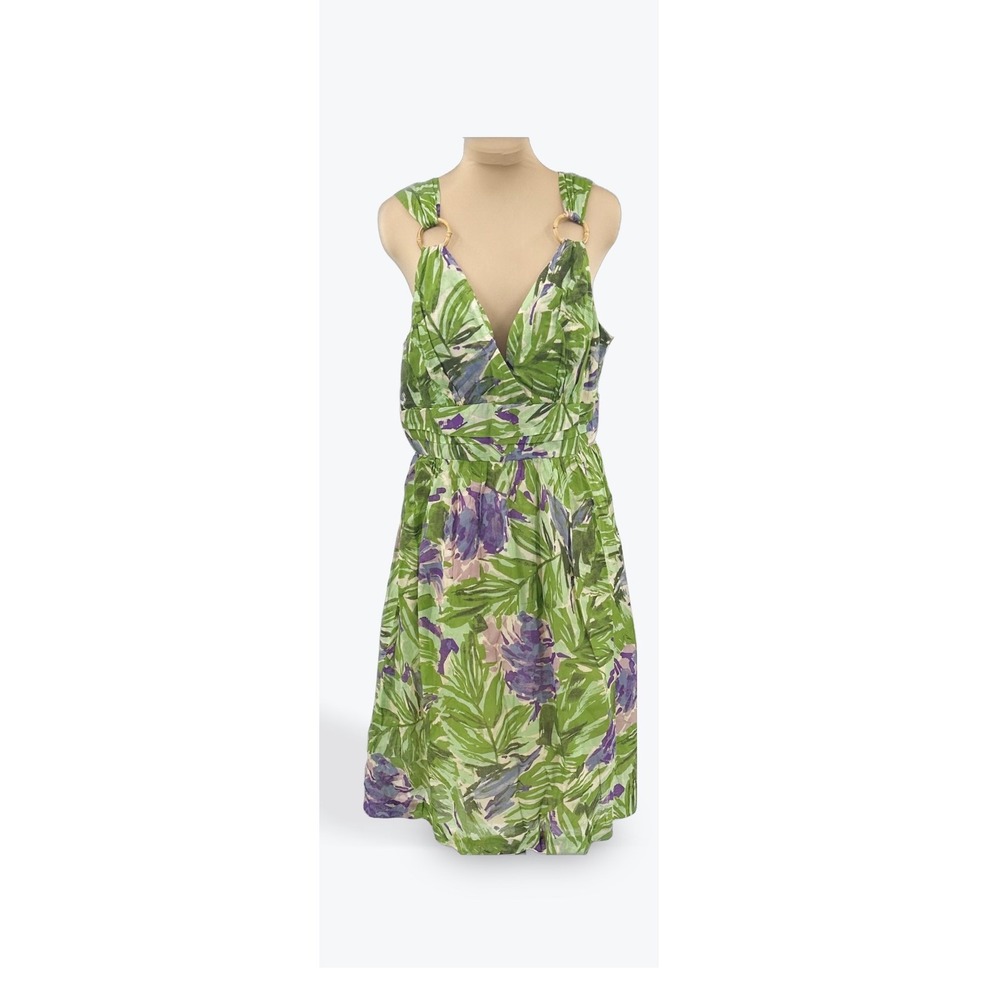 Tweeds Green Purple Floral Print‎ Cotton Dress Women's Size 14 Ring Detail